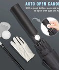 Oversized 54 Inch Windproof Golf Umbrella With Double Canopy, close-up of handle and auto-open feature, with golf items