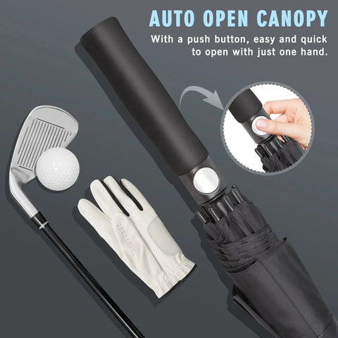 Oversized 54 Inch Windproof Golf Umbrella With Double Canopy, close-up of handle and auto-open feature, with golf items