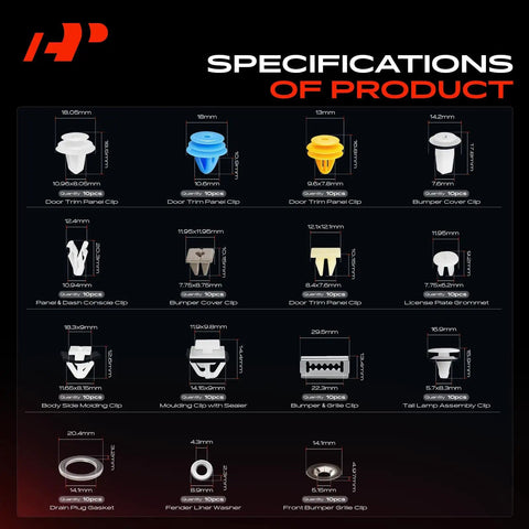 Specifications chart showing sizes and types of clips in Damn Good Heavy Duty 310 Piece Retainer Clip And Fastener Replacement Kit For Hyundai Veloster 2012 2017.