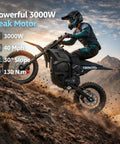 Beast 3000W Electric Dirt Bike For Teens And Adults 40 MPH Top Speed 53 Mile Range 48V 23Ah Battery 14 And 12 Inch Tires Dual Disc Brakes Full Suspension Off Road Ride climbing rocky trail