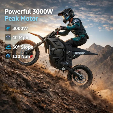 Beast 3000W Electric Dirt Bike For Teens And Adults 40 MPH Top Speed 53 Mile Range 48V 23Ah Battery 14 And 12 Inch Tires Dual Disc Brakes Full Suspension Off Road Ride climbing rocky trail