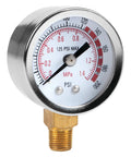 Front view of Performance Tool W10055 0-200 PSI air gauge with brass threaded fitting and chrome bezel.