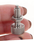 Hand holding Hand Retractable Spring Plunger M10 Stainless Steel Quick Release Pin Lockout Pin With Nut And Knurled Handle.