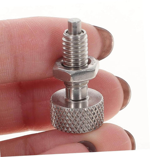 Hand holding Hand Retractable Spring Plunger M10 Stainless Steel Quick Release Pin Lockout Pin With Nut And Knurled Handle.