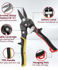 Left Straight Right Tin Snips Set 8 Inch for metal sheet cutting with serrated CR-V blades, ergonomic handle, double leverage design details.