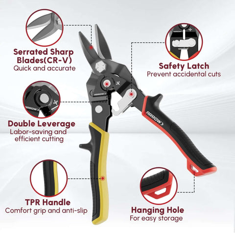 Left Straight Right Tin Snips Set 8 Inch for metal sheet cutting with serrated CR-V blades, ergonomic handle, double leverage design details.