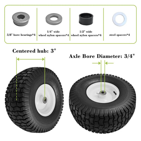 15x6.00-6 Riding Lawn Mower Tires And Wheels With 3/4 Inch Bushing And 3 Inch Centered Hub Rubber Pneumatic Tires for Husqvarna and Craftsman