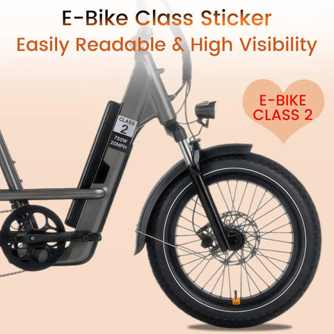 8 Pack E Bike Class 2 Identification Sticker Set For 750W 20MPH Rating Waterproof Vinyl Decals shown on bicycle frame