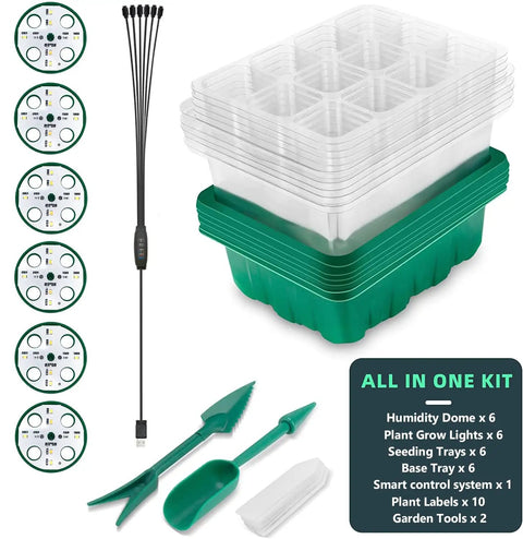 Seed Starter Tray Kit With Grow Lights And Humidity Dome 72 Cell Indoor Garden Germination Trays Smart Controller, garden tools shown