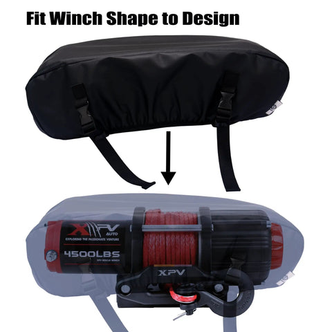 Eudora Waterproof Winch Cover Tailgate For 2500 To 6000 Lb Electric Truck Winches secured over a 4500 lb winch with straps.