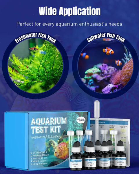 Pro Grade 5 In 1 Aquarium Water Master Test Kit For pH Nitrite Nitrate Ammonia And Phosphate Easy To Use All In One Fish Tank Water Testing Kit For Freshwater And Saltwater Tanks, featuring test kit box and liquid reagents