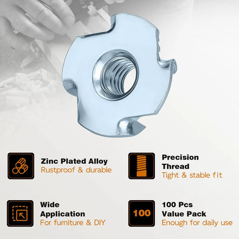 Heavy Duty 1/4-20 T Nuts With Four Prongs For Wood Furniture Cabinets And Rock Climbing Holds Zinc Plated Steel Rust