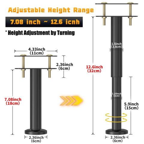 Adjustable Height Bed Support Legs 7.08 to 12.6 Inches With Swivel Base diagram showing dimensions and height adjustment.