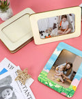 15-Pack Unfinished Wooden Picture Frames For 4X6 Photos, Hella Cool Blank DIY Craft Supplies, Sturdy Standing Wood Frames capturing decorated frames with photos on a pink background.