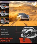 Front Wheel Bearing And Hub Assembly With ABS For Ford Ranger 2000 2002 And Mazda B Series B3000 2001 2002 B4000 2000 2002 4WD 5 Lug Replacement Beefed Up Performance Wheel Hub with off-road vehicle in desert and load capacity diagrams