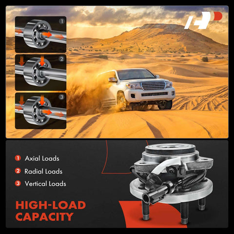 Front Wheel Bearing And Hub Assembly With ABS For Ford Ranger 2000 2002 And Mazda B Series B3000 2001 2002 B4000 2000 2002 4WD 5 Lug Replacement Beefed Up Performance Wheel Hub with off-road vehicle in desert and load capacity diagrams