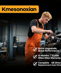 Mechanic in orange overalls inspecting car engine with text overlay including 'Kmsonoxian' and warranty details.