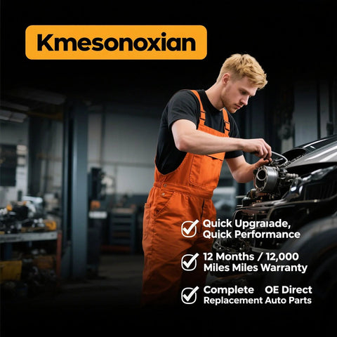 Mechanic in orange overalls working on car engine in garage with brand Kmsonoxian and warranty details displayed