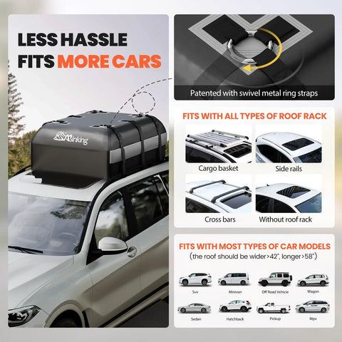 Rooftop Cargo Bag for Cars Waterproof 21 Cubic Feet Heavy Duty Luggage Carrier shown on vehicle with roof rack options