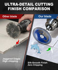 Diamond Tile Cutting Wheel Set For Rotary Tool Ultra Thin Zero Point Seven Millimeter Rim For Clean Precise 50mm Cuts 4 Pack Pro Grade Grout Removal And Edge Trimming Great For Ceramic Marble And Porcelain Tile Jobs comparison image showing jagged edges and smooth finish