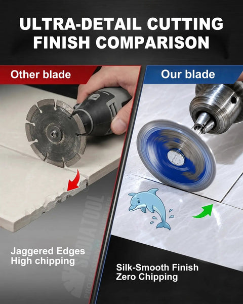 Diamond Tile Cutting Wheel Set For Rotary Tool Ultra Thin Zero Point Seven Millimeter Rim For Clean Precise 50mm Cuts 4 Pack Pro Grade Grout Removal And Edge Trimming Great For Ceramic Marble And Porcelain Tile Jobs comparison image showing jagged edges and smooth finish