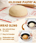 Silicone pastry mat with dough and bread sling, showcasing non-stick surface and easy transfer ability for home bakers.