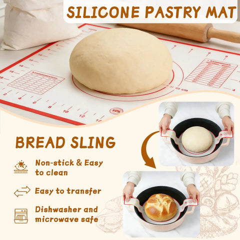 Silicone pastry mat with dough and bread sling, showcasing non-stick surface and easy transfer ability for home bakers.
