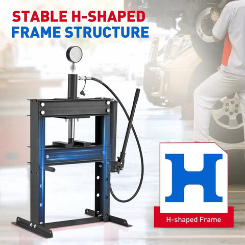 10 Ton Hydraulic Shop Press With Pressure Gauge And Plate For Auto Repair And Metalworking, Heavy Duty H Frame Benchtop Press With Height Adjustable Working Table For Manufacturing And Garages