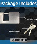 Package includes Stainless Steel Coupler Lock Pin For Trailers And Campers That Keeps Your Gear Safe And Sound Fits Most Coupler Styles Includes Two Keys Quarter Inch Pin Diameter And Seven Eighths Inch Span Model 651 Made In USA with two keys