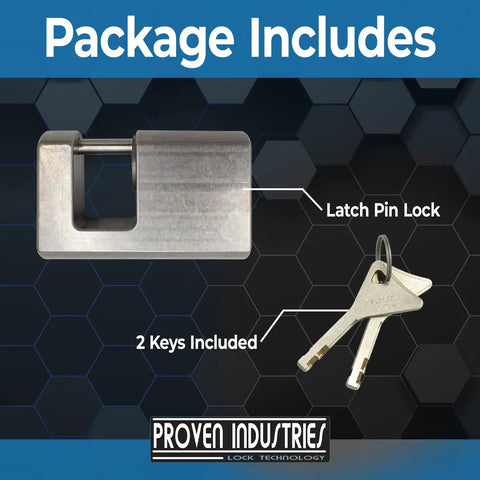 Package includes Stainless Steel Coupler Lock Pin For Trailers And Campers That Keeps Your Gear Safe And Sound Fits Most Coupler Styles Includes Two Keys Quarter Inch Pin Diameter And Seven Eighths Inch Span Model 651 Made In USA with two keys