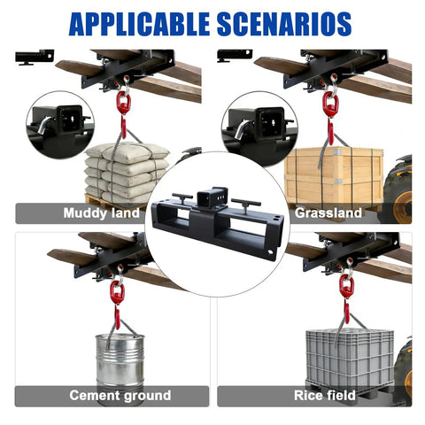 Heavy Duty Forklift Lifting Hook With 2 Inch Receiver Hitch, 10 Ton Capacity, showing various lifting scenarios and applications.