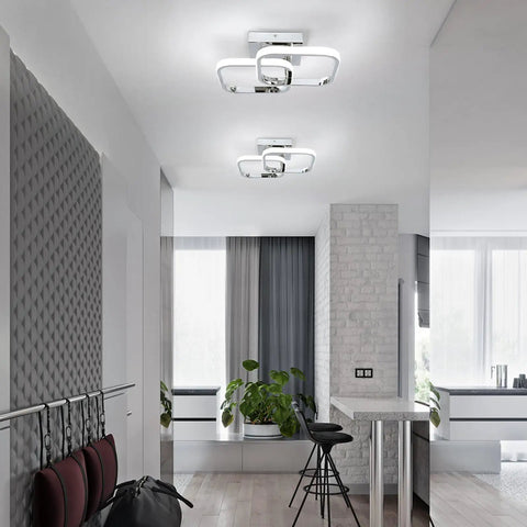 Square Modern LED Ceiling Light Fixture With Two Square Cross Design, 6000K Daylight Chrome Finish Indoor Ceiling Lighting shown in kitchen