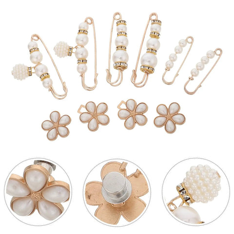 Premium Pearl Waist Adjustment Clips For Baggy Pants No Sew Button Fasteners showing assorted styles with faux pearl details.