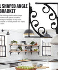 2 Pack Wall Mounted L Shaped Shelf Brackets in black with decorative design, installed in a modern kitchen for added storage.