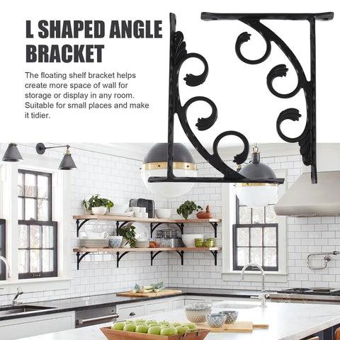 2 Pack Wall Mounted L Shaped Shelf Brackets in black with decorative design, installed in a modern kitchen for added storage.