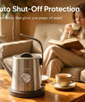 Gooseneck Electric Kettle With Thermometer, 1 Liter, 304 Stainless Steel, Auto Shut Off, 1200W, chrome finish, steaming on table