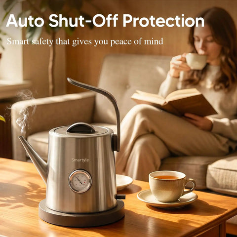 Gooseneck Electric Kettle With Thermometer, 1 Liter, 304 Stainless Steel, Auto Shut Off, 1200W, chrome finish, steaming on table