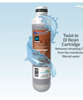 Twist In RO DI Aquarium Water Filter Replacement Cartridge Pack With 75 GPD Membrane Sediment Filter Carbon Block Filter And Deionization Filter For Three To Four Stage RO DI Systems Easy Swap Keeps Tank Water Crystal Clear DI resin cartridge with water splash illustration