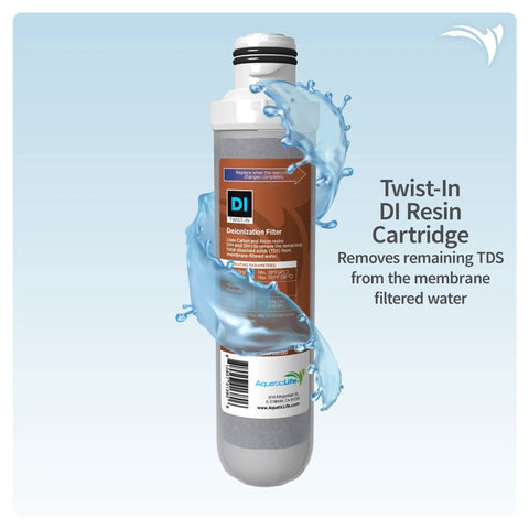 Twist In RO DI Aquarium Water Filter Replacement Cartridge Pack With 75 GPD Membrane Sediment Filter Carbon Block Filter And Deionization Filter For Three To Four Stage RO DI Systems Easy Swap Keeps Tank Water Crystal Clear DI resin cartridge with water splash illustration