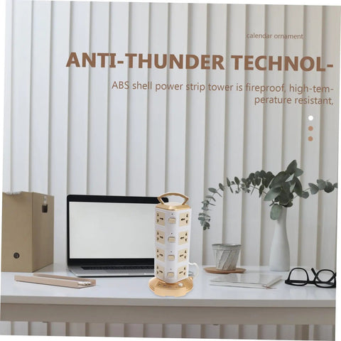 Top Shelf Vertical Power Strip With Usb Charging Ports Smart Surge Protector Outlet Tower on desk next to laptop and plant.