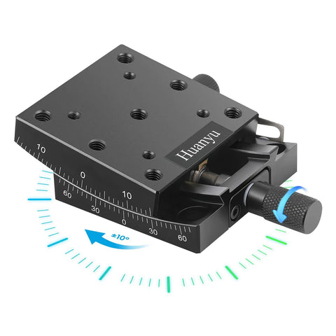Black Precise Manual Goniometer Stage 65x65mm with Optical Positioning Sliding Table, showing 10° tilt adjustment.