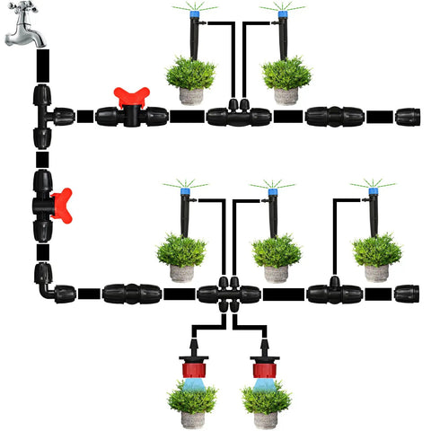 Barbed Tee One Half Inch To One Quarter Inch Drip Irrigation Fittings Kit, Ten Piece Set For One Half Inch Tubing layout diagram