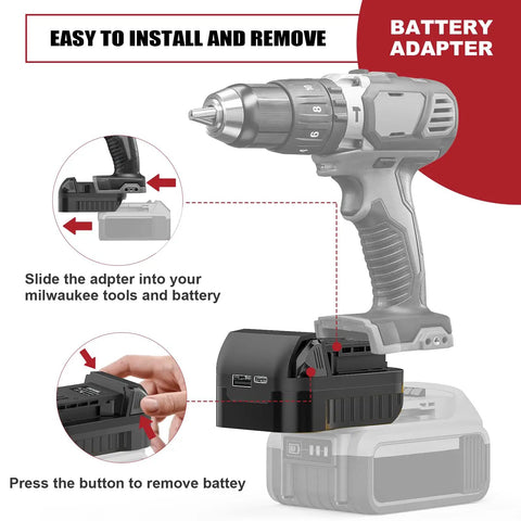 DeWalt 18V 20V To Milwaukee 18V Battery Adapter Converter For Cordless Tools with diagram showing installation on drill