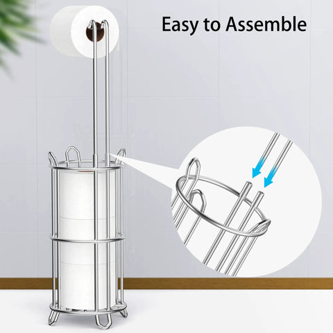 Toilet Paper Holder Stand And Tissue Roll Dispenser For Four Mega Rolls Freestanding Bathroom Storage Rack Must Have Durable Metal Wire Construction And Sleek Silver Finish shown with rolls