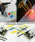 1500 Piece Electronic Component Kit With Resistors Transistors Ceramic And Electrolytic Capacitors on breadboard setup