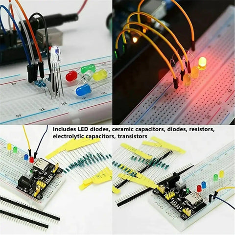 1500 Piece Electronic Component Kit With Resistors Transistors Ceramic And Electrolytic Capacitors on breadboard setup