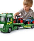 Child playing with 3 In 1 Toddler Farm Truck Set With Large Flatbed Semi Truck Includes Two Tractors Flashing Lights Horn Sounds