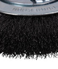 Close-up of Six Inch Wide Face Bench Grinder Wire Wheel with crimped steel bristles for rust removal and cleaning.