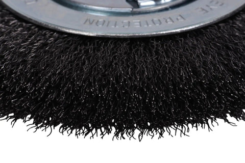 Close-up of Six Inch Wide Face Bench Grinder Wire Wheel with crimped steel bristles for rust removal and cleaning.