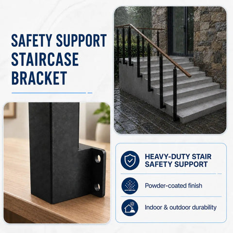 Heavy Duty Side Mount Stair Railing Posts 35.4 Inch Carbon Steel Indoor Handrail Support 4 Pack Square Tube, sturdy black bracket on wooden surface.